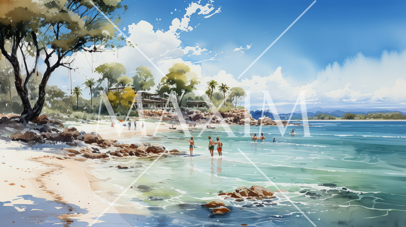 夏の離島の海岸風景：水彩画