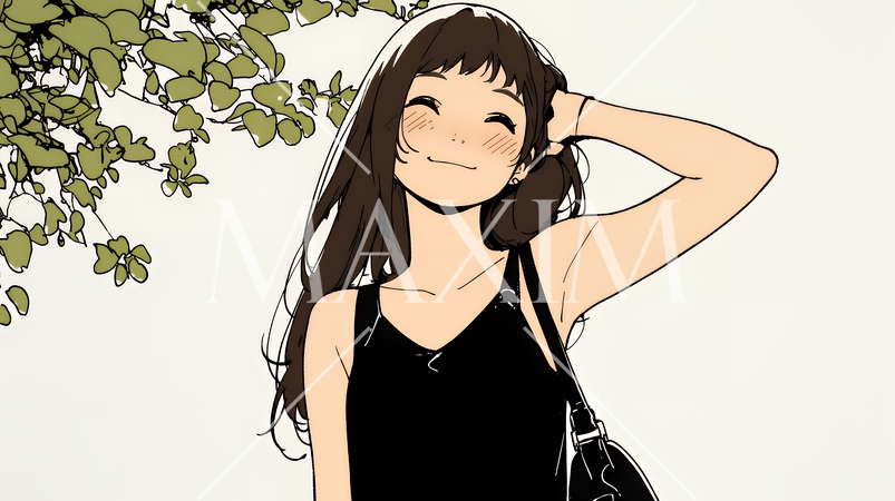 気恥ずかしそうに頭をかき、ごまかすような仕草を見せる若い女性（シンプルな色使い）