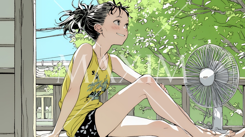 暑い夏の昼下がり、扇風機にあたって涼んでいる若い女性