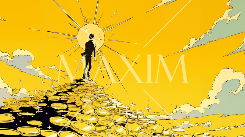 マネーゲームの勝者：金貨の山の登頂に挑み成功した姿で表現