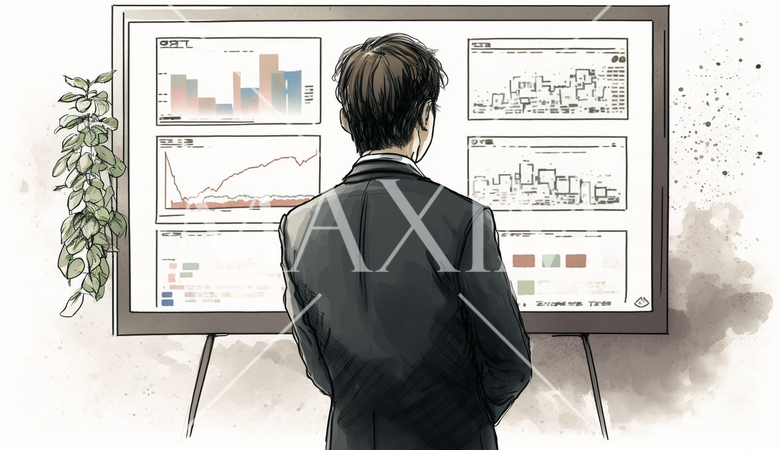 モニターに表示された株価チャートと注文画面を見つめる男性トレーダーの後ろ姿。