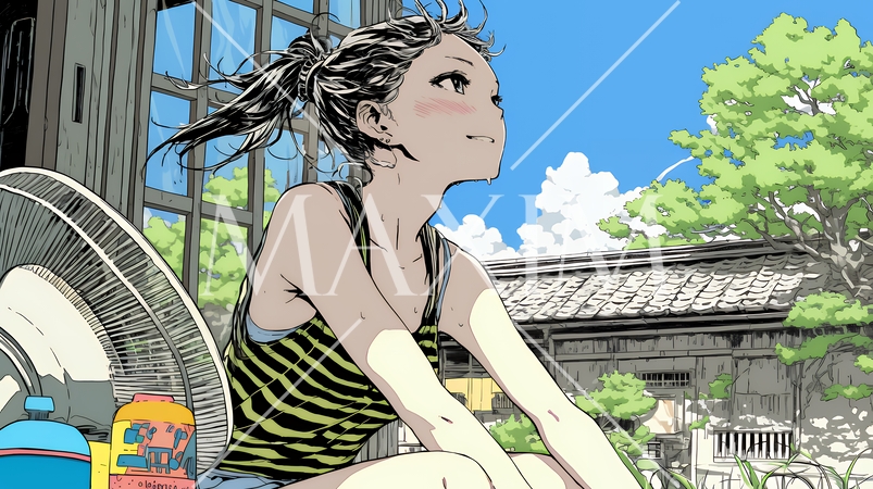 暑い夏の昼下がり、扇風機にあたって涼んでいる若い女性