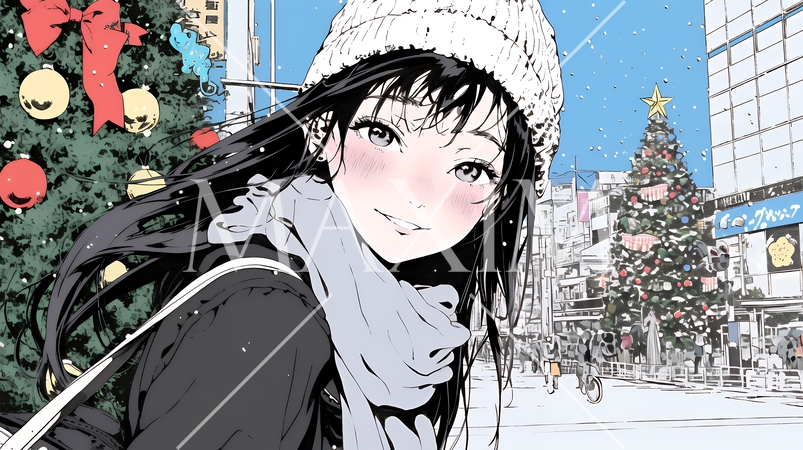 ホワイトクリスマスの街を歩く若い女性