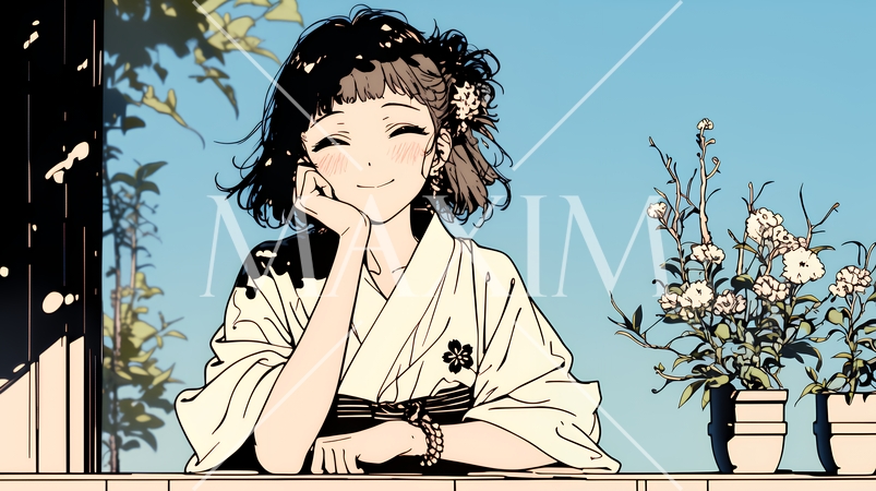 浴衣姿で夕涼みをしている若い女性（シンプルな色使い）