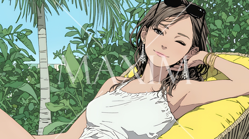 沖縄の海辺のリゾートホテルでリゾッチャしている若い女性