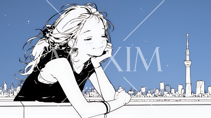 ベランダで夜風に当たりながら都会のランドスケープを眺め休む若い女性（シンプルな色使い）