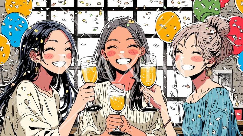 女子会：気の合う女友達が集まり、酒を交わし、おいしい食事をしながら、仕事の話や恋バナをしている