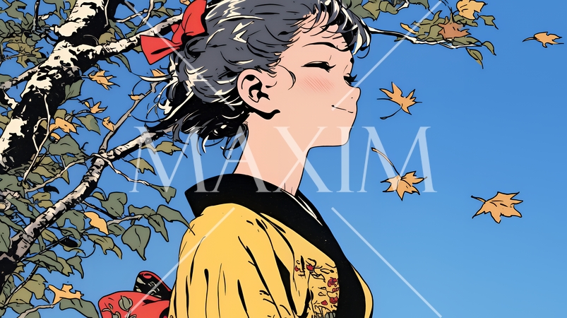 紅葉に包まれた中、着物を纏った若い女性が佇んでいる