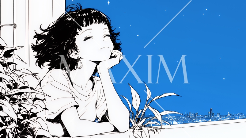 ベランダで夜風に当たりながら都会のランドスケープを眺め休む若い女性（シンプルな色使い）