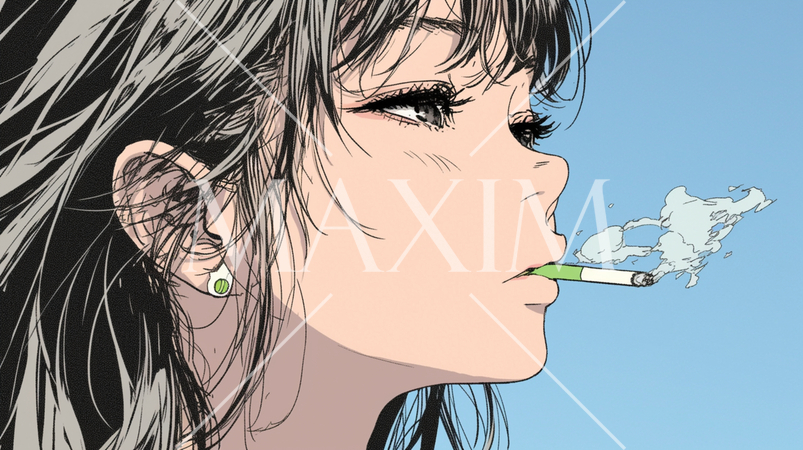 くわえたばこで喫煙している若い女性