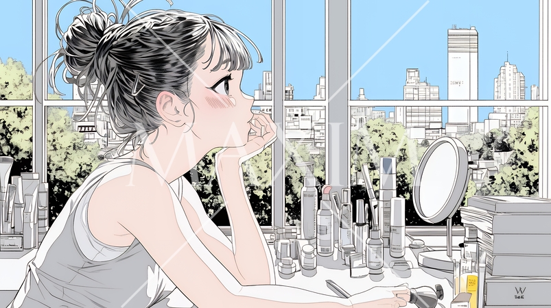 ドラッグストアでコスメを選ぶ若い女性