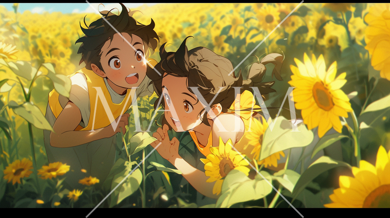 ひまわり畑で遊んでいる男の子と女の子