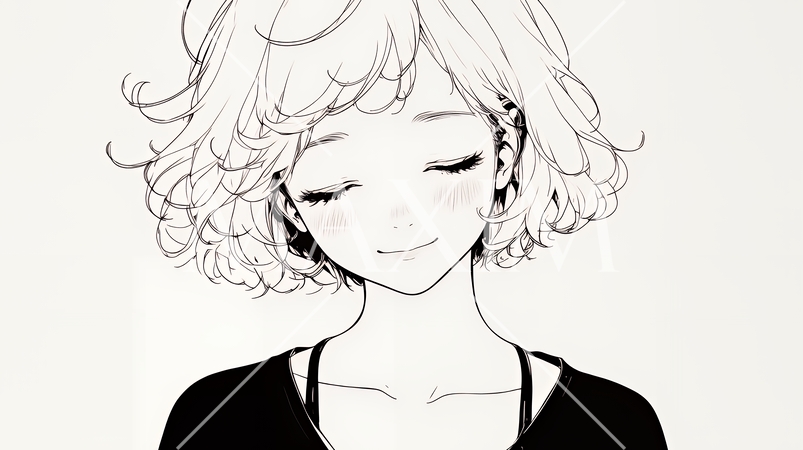 「うふふ」と微笑んでいる若い女性（シンプルな色使い）