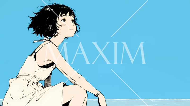 一人旅の若い女性と夏のビーチの風景（シンプルな色使い）