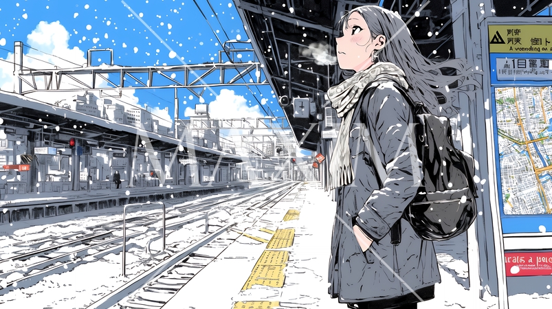 雪の降るホームで電車待ちをしている若い女性※：誤って夏空のため差し替え準備中
