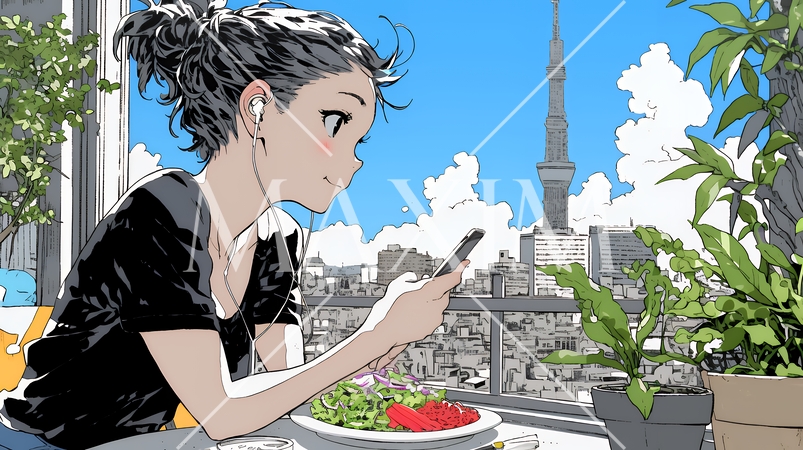 食事の最中もスマホを手放せない若い女性