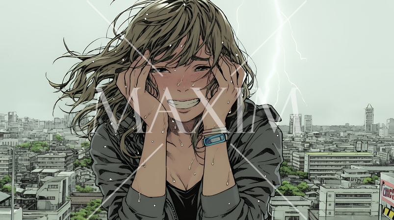 雷にひどく怯えている若い女性。