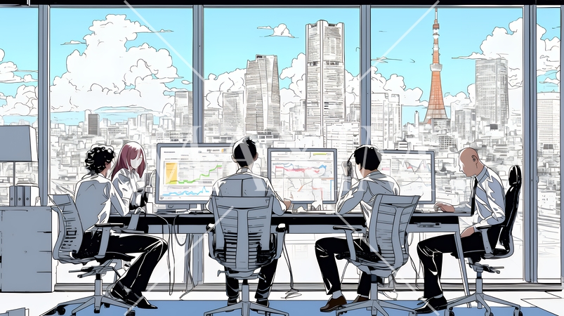 資料を見ながら打ち合わせをする会社員｜オフィスのビジネスミーティングイメージ