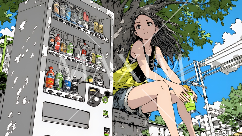 自動販売機で飲み物を購入する若い女性｜日常・ライフスタイル・屋外シーン