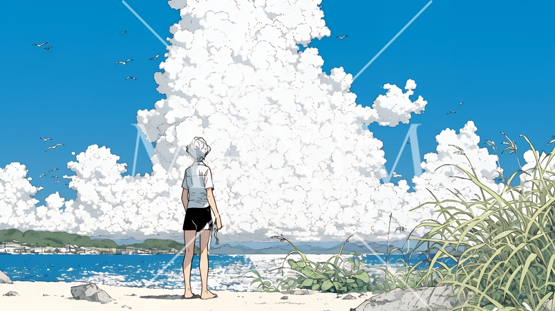 夏の海と入道雲と若い女性