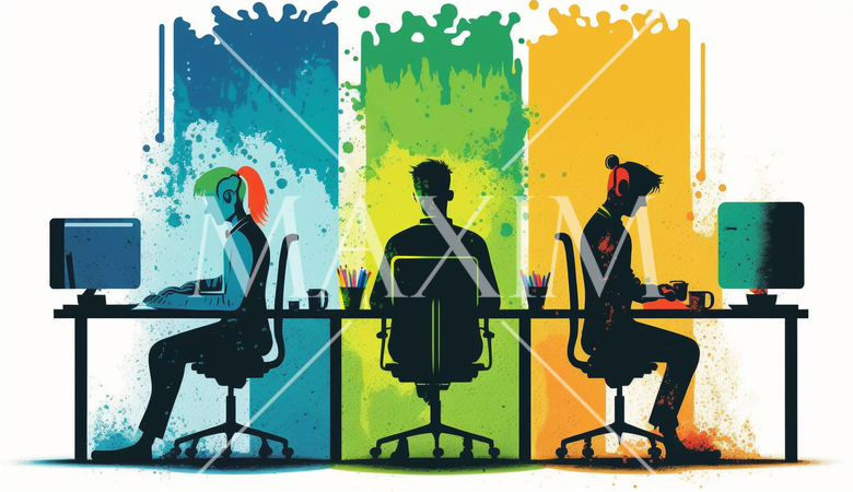 オフィス環境：オフィスでの仕事をする人々、デスクワーク、コンピューター作業。