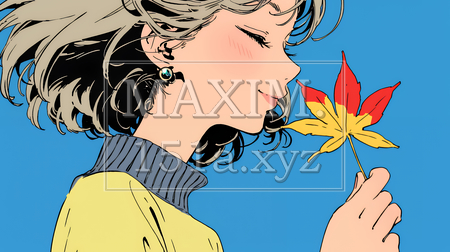 落ち葉をつまんで眺める若い女性｜秋を感じる女性のイラスト（イラストID:4800301-20495）