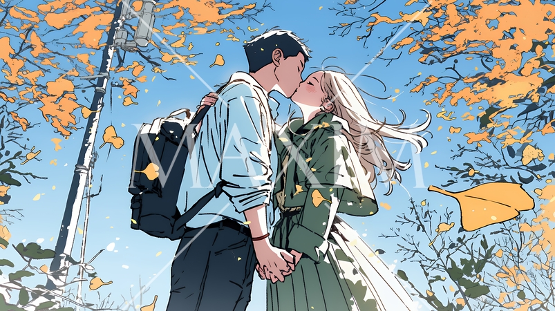 秋の紅葉の下でキスをしている若い恋人たち