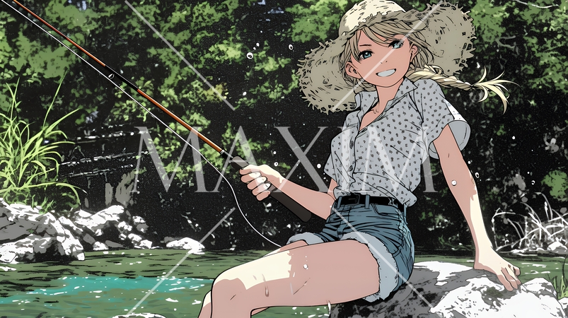 岸から魚釣りを楽しむ若い女性｜渓流・自然・アウトドア・ライフスタイル