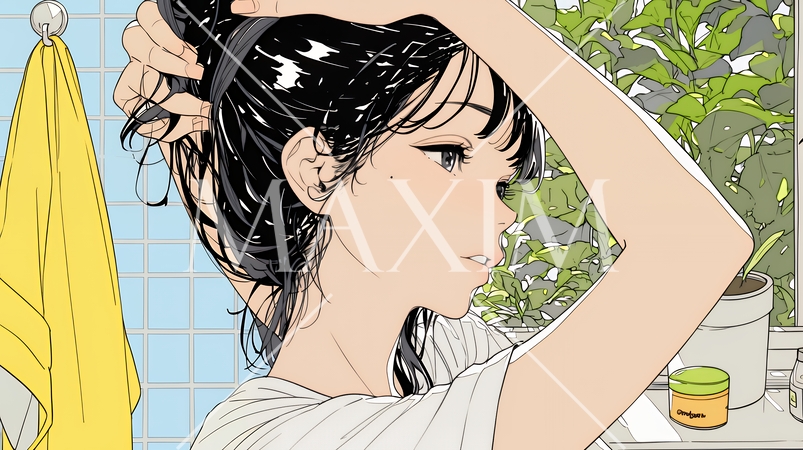 朝支度：洗面所で髪をまとめている若い女性