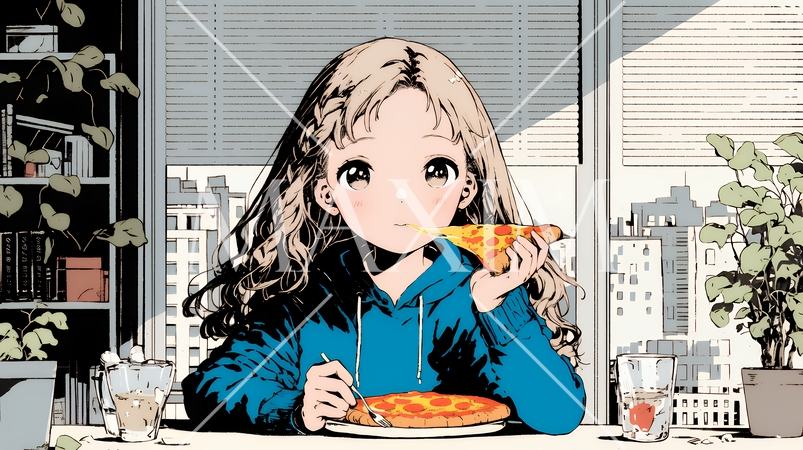 ピザを食べている若い女性