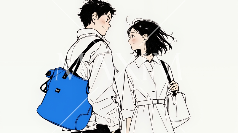 希望に満ちたライフスタイルを過ごす若いカップル：未来を見つめている（シンプルな色使い）