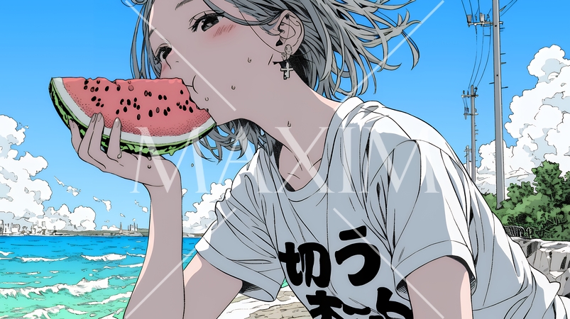 スイカを海辺て食べている若い女性