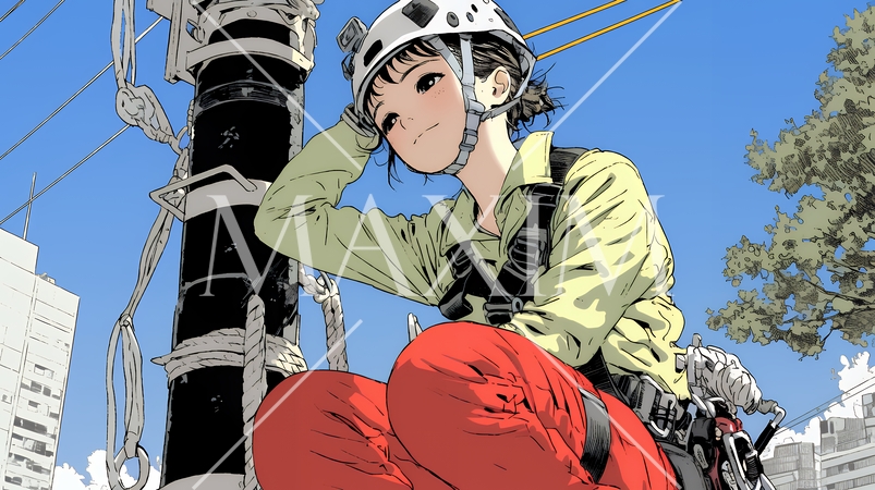 高所で作業をしている女性作業員