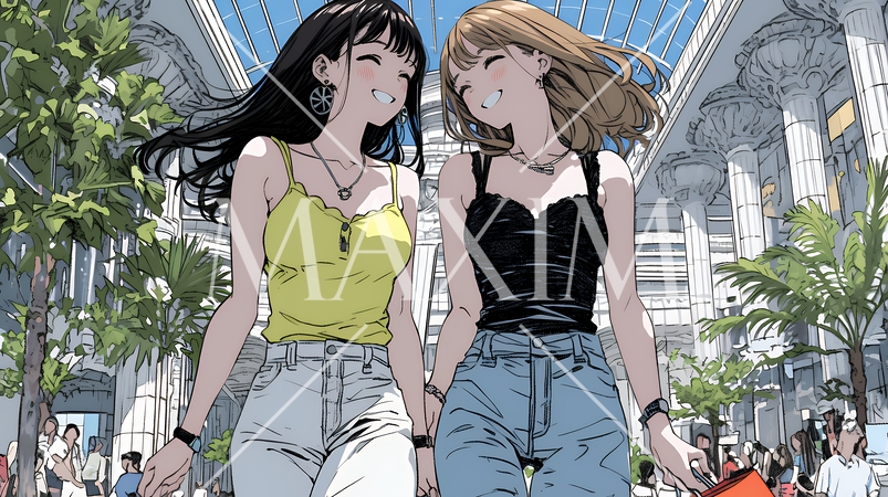 女友達と一緒にショッピングモールを歩き回る若い女性