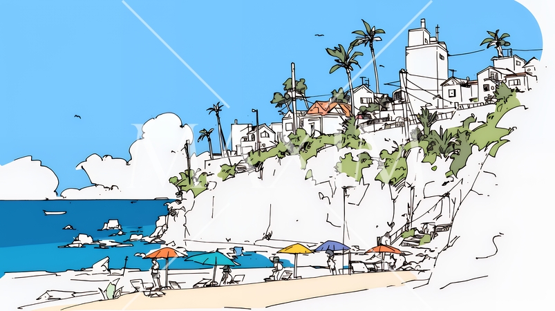 夏のビーチの風景（シンプルな色使い）