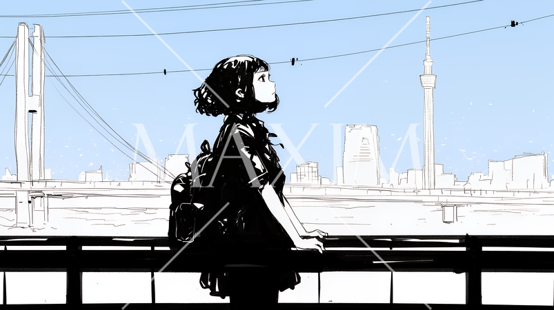 若い女性が佇む都市の街角（シンプルな色使い）