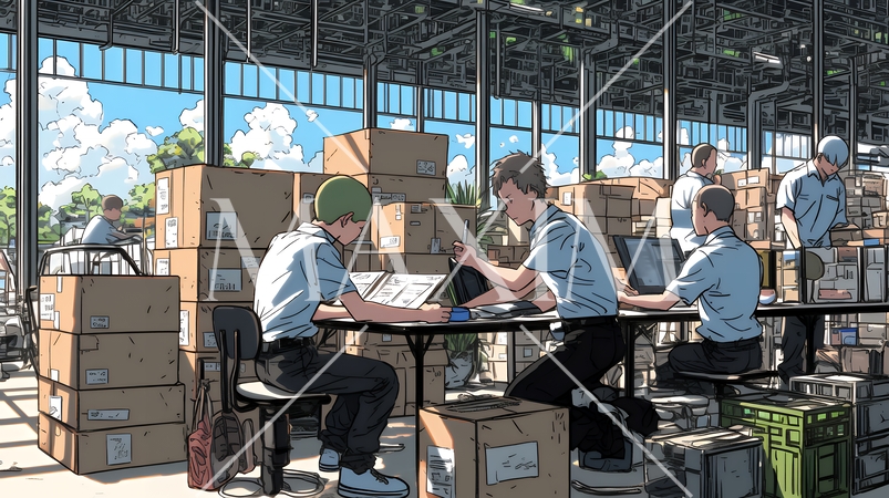 倉庫で配送作業をしている人たち