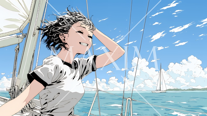 ヨットに乗っている若い女性