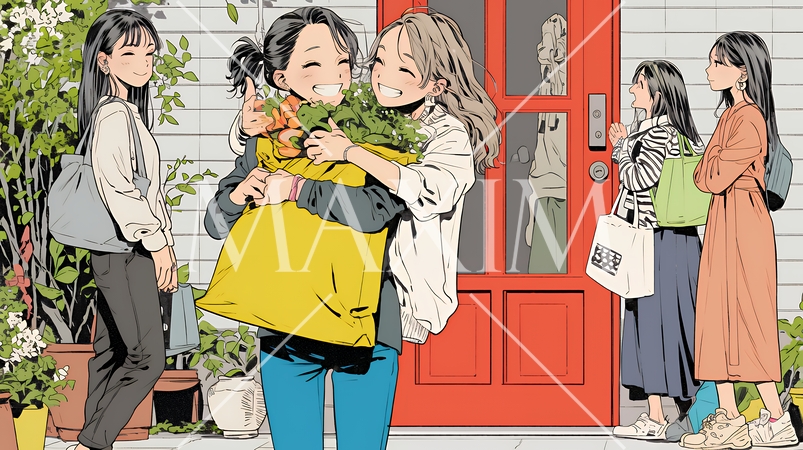 道端で会話を楽しむ若い主婦たち（ママ友たち）