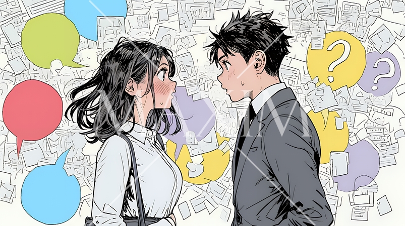 互いに相手の意見を十分に理解できないまま対話を続ける男女のビジネスパーソン