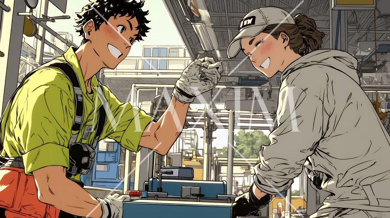 OJT：工場環境で機械の操作方法をチームメンバーに集中した表情で教える監督者