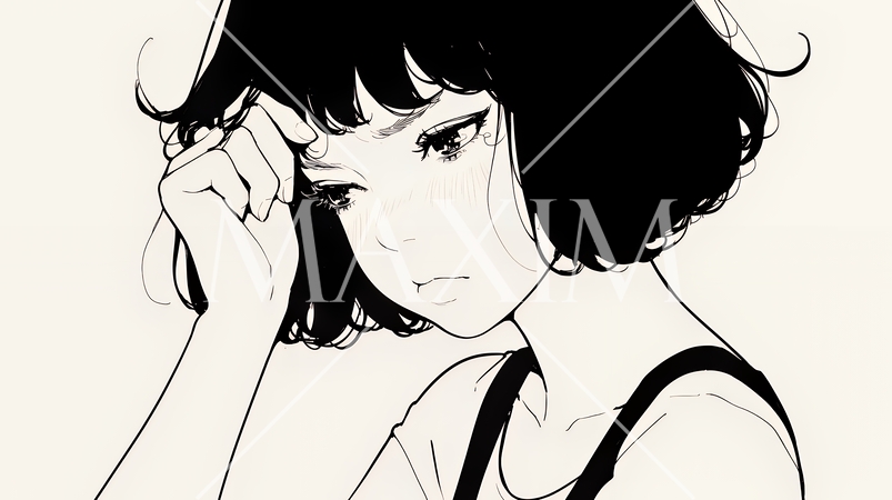 ため息をつく若い女性（シンプルな色使い）