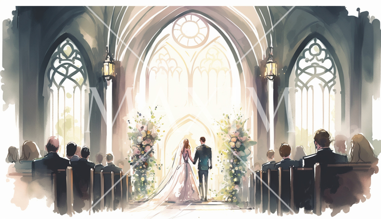 教会での結婚式の水彩画