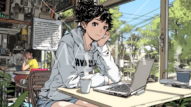 カフェでフリーランスや学生が仕事や勉強をしている