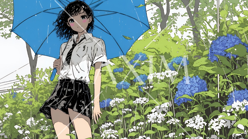 アジサイと梅雨の長雨と若い女性