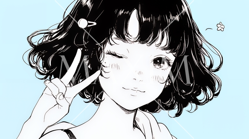 アイドルのように顔の横でピース＋ウィンクしている若い女性（シンプルな色使い）