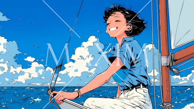 ヨットに乗っている若い女性