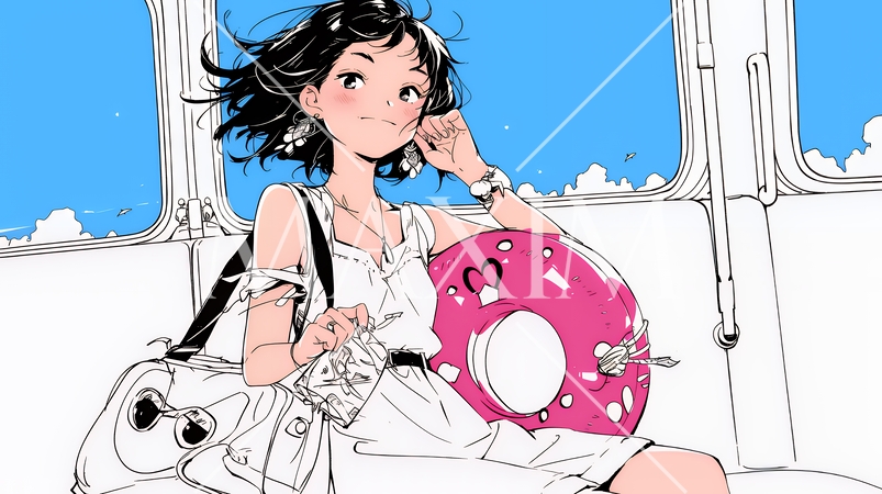 夏休みの思い出：友達と海水浴に行く（シンプルな色使い）