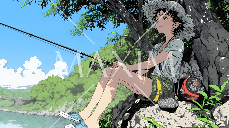 岸から魚釣りを楽しむ若い女性｜渓流・自然・アウトドア・ライフスタイル