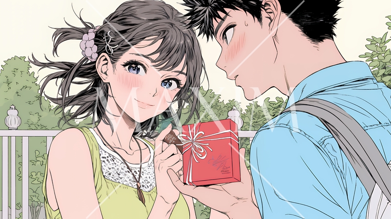 バレンタインディのチョコを男性に渡そうとしている若い女性